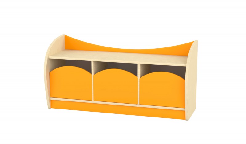 Marci íves  alacsony szekrény, 3 fiókkal - juhar-narancs, narancs színű fiókokkal, 120x38x57 cm